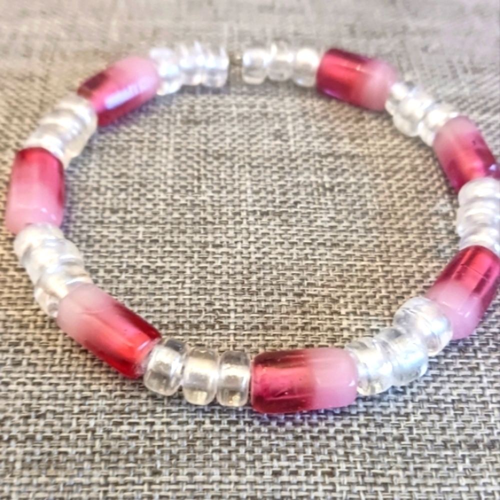 Pink Czech Glass Memory Wire Bracelet - New Item